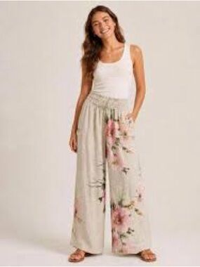 Bella Amore Lagenlook Wide-Leg Floral Print Palazzo Pants Sz M